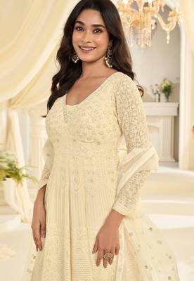 Cream georgette sequins work salwar suits free size up to 42 2