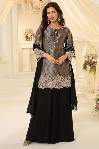 Black silk blend sequins work salwar suits free size up to 42