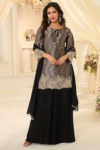 Black silk blend sequins work salwar suits free size up to 42