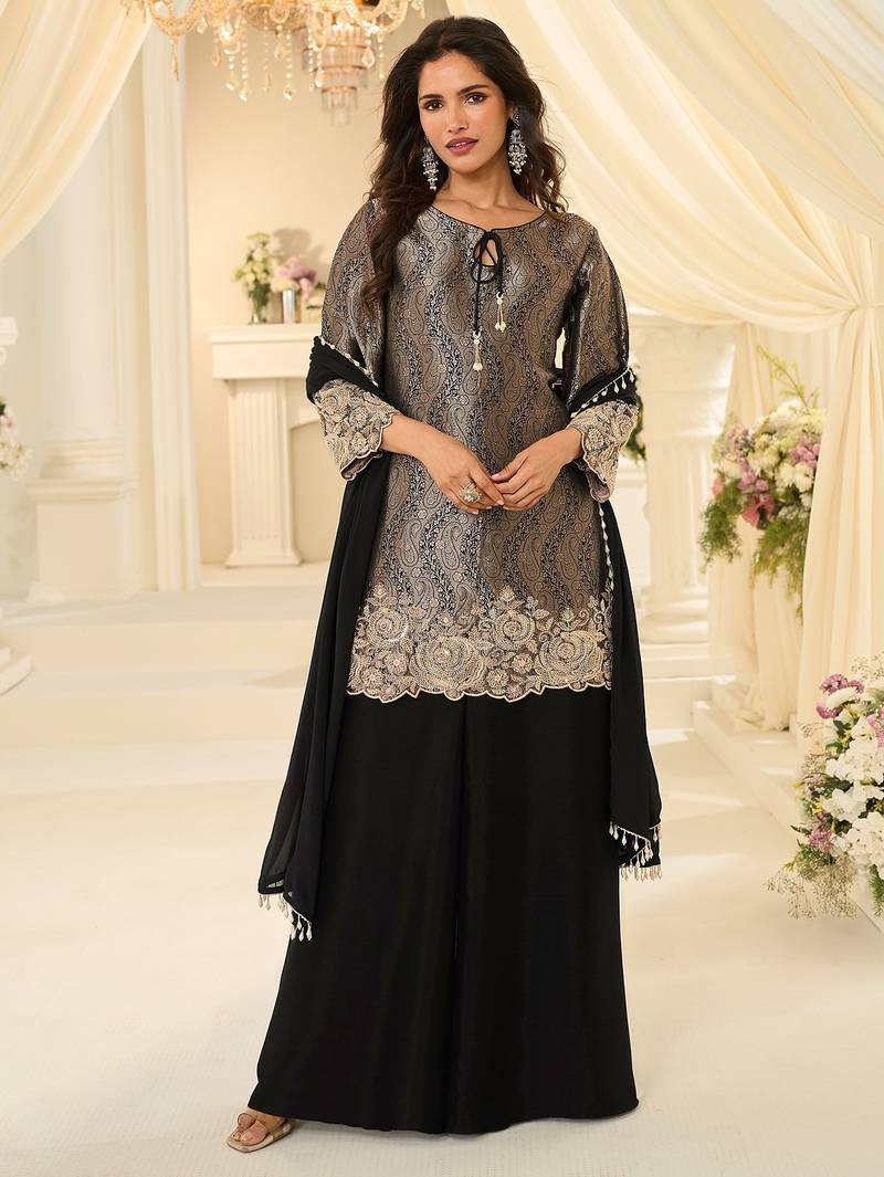 Black silk blend sequins work salwar suits free size up to 42