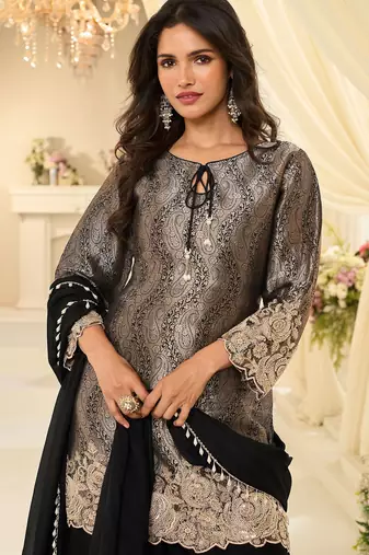 Black silk blend sequins work salwar suits free size up to 42