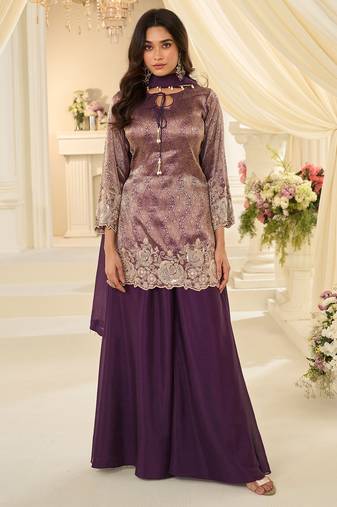 Purple silk blend sequins work salwar suits free size up to 42
