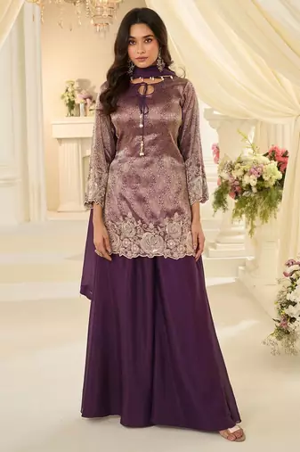 Purple silk blend sequins work salwar suits free size up to 42
