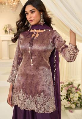 Purple silk blend sequins work salwar suits free size up to 42 2