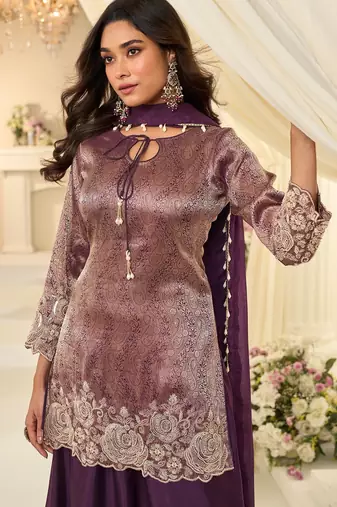 Purple silk blend sequins work salwar suits free size up to 42