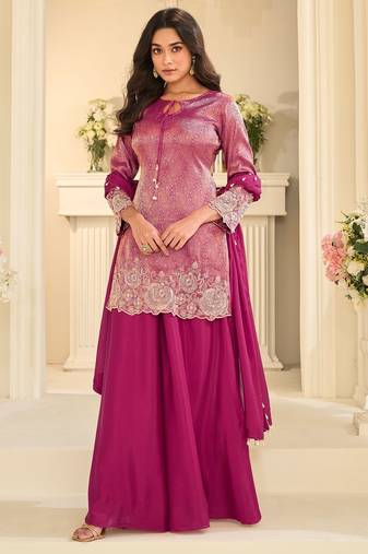 Pink silk blend sequins work salwar suits free size up to 42
