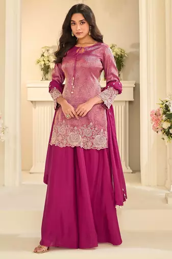 Pink silk blend sequins work salwar suits free size up to 42