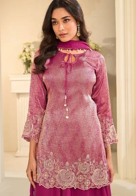Pink silk blend sequins work salwar suits free size up to 42 2