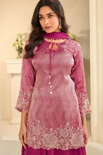 Pink silk blend sequins work salwar suits free size up to 42