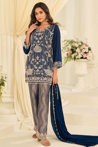 Blue silk blend sequins work salwar suits free size up to 42