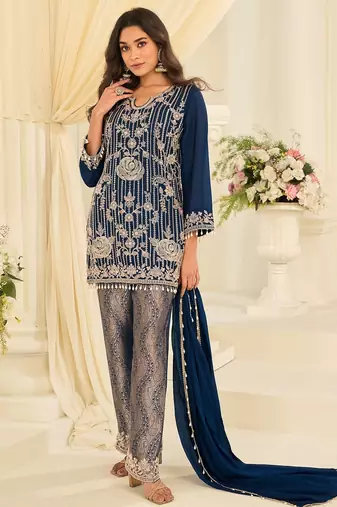 Blue silk blend sequins work salwar suits free size up to 42