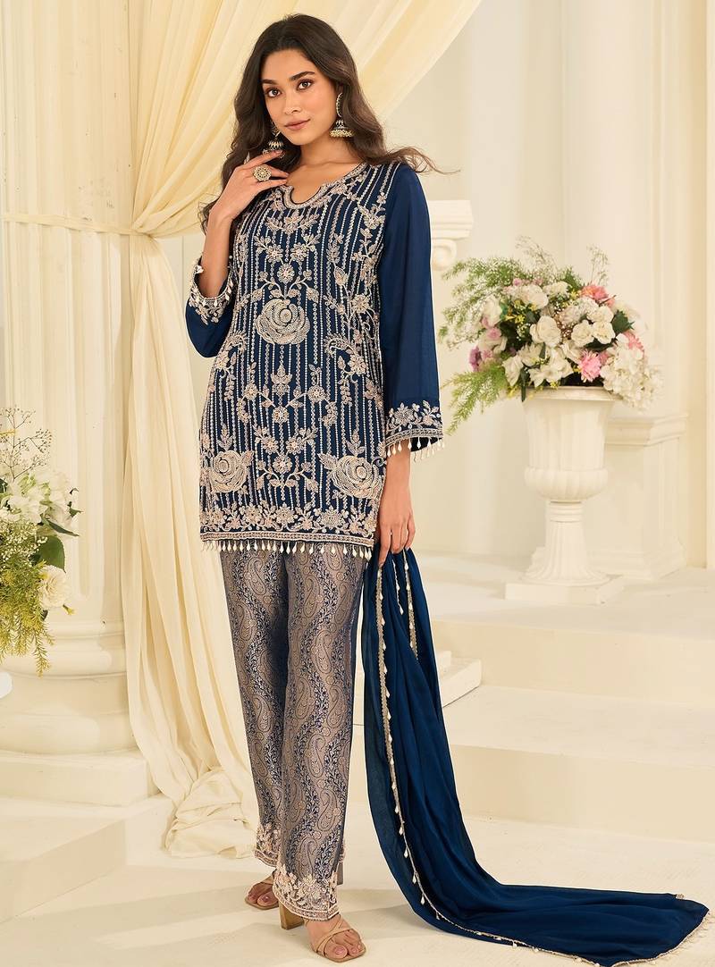 Blue silk blend sequins work salwar suits free size up to 42
