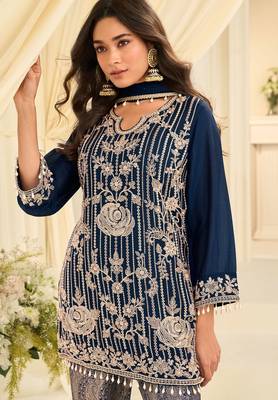 Blue silk blend sequins work salwar suits free size up to 42 2