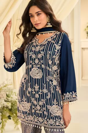 Blue silk blend sequins work salwar suits free size up to 42