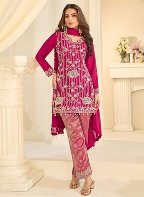 Pink silk blend sequins work salwar suits free size up to 42 1