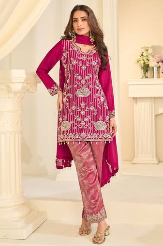 Pink silk blend sequins work salwar suits free size up to 42