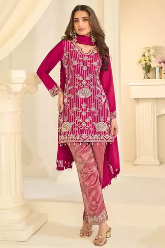 Pink silk blend sequins work salwar suits free size up to 42