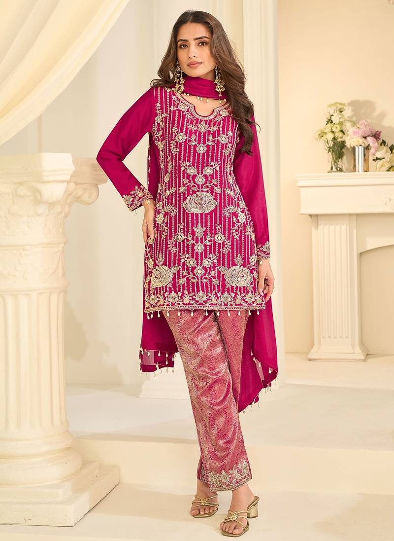 Pink silk blend sequins work salwar suits free size up to 42
