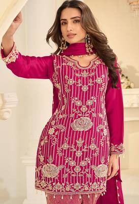 Pink silk blend sequins work salwar suits free size up to 42 2