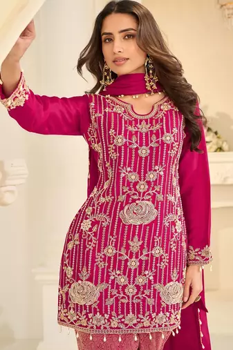Pink silk blend sequins work salwar suits free size up to 42