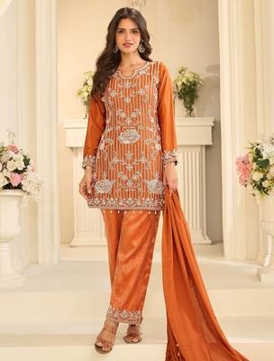 Orange silk blend sequins work salwar suits free size up to 42 1