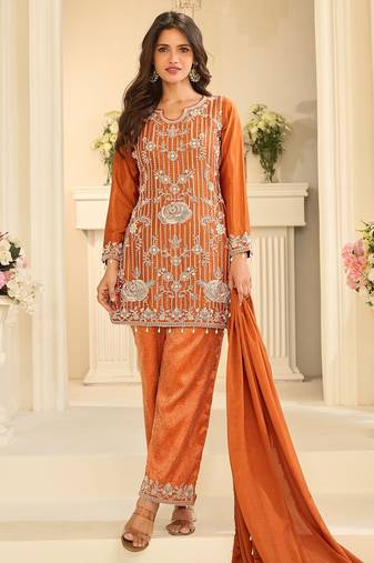 Orange silk blend sequins work salwar suits free size up to 42