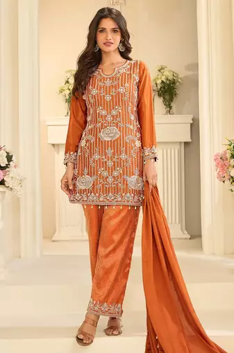 Orange silk blend sequins work salwar suits free size up to 42