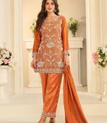 Orange silk blend sequins work salwar suits free size up to 42