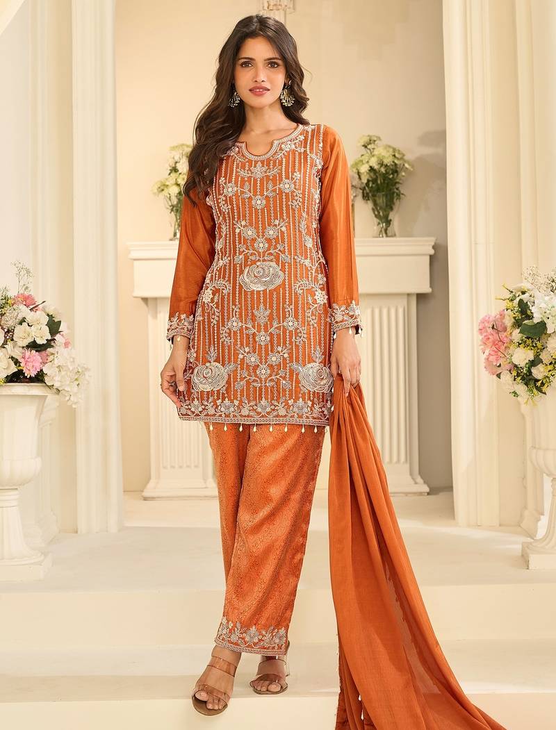 Orange silk blend sequins work salwar suits free size up to 42
