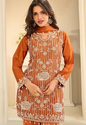 Orange silk blend sequins work salwar suits free size up to 42 2
