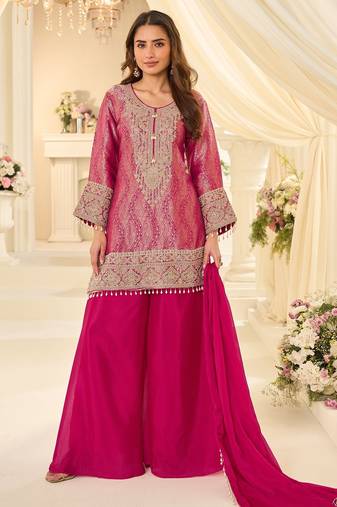 Pink silk blend sequins work salwar suits free size up to 42