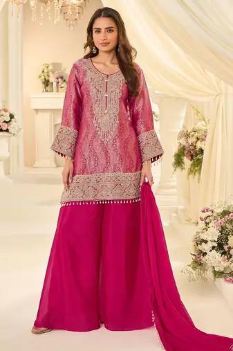 Pink silk blend sequins work salwar suits free size up to 42