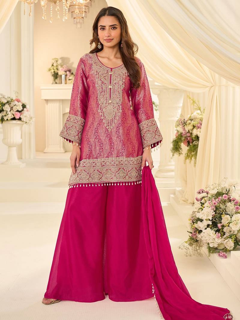 Pink silk blend sequins work salwar suits free size up to 42
