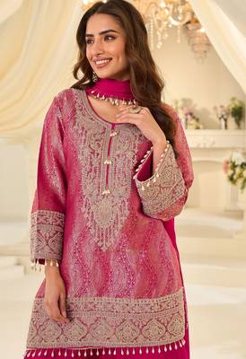 Pink silk blend sequins work salwar suits free size up to 42 2