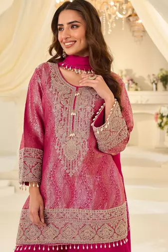 Pink silk blend sequins work salwar suits free size up to 42