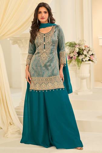 Turquoise silk blend sequins work salwar suits free size up to 42