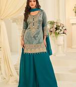 Turquoise silk blend sequins work salwar suits free size up to 42
