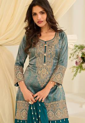 Turquoise silk blend sequins work salwar suits free size up to 42 2