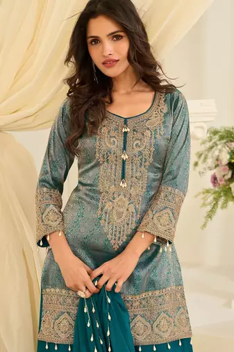 Turquoise silk blend sequins work salwar suits free size up to 42