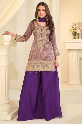 Purple silk blend sequins work salwar suits free size up to 42