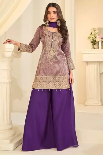 Purple silk blend sequins work salwar suits free size up to 42