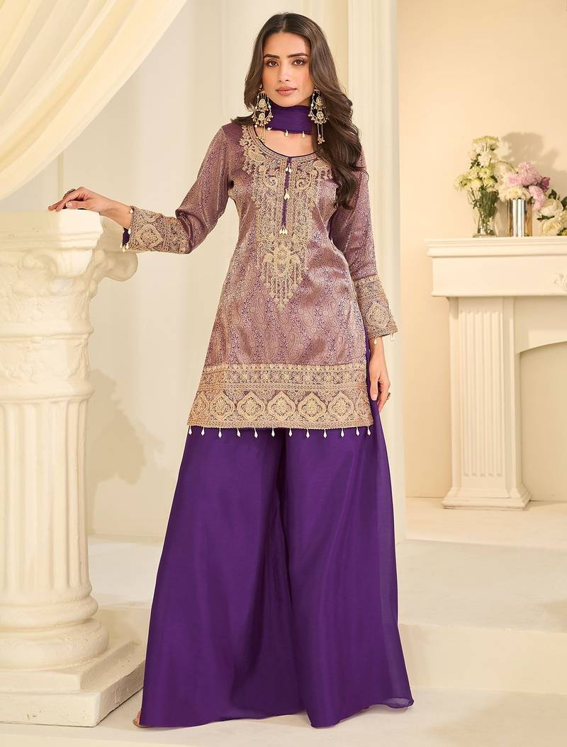Purple silk blend sequins work salwar suits free size up to 42