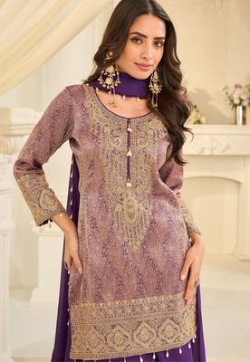 Purple silk blend sequins work salwar suits free size up to 42 2