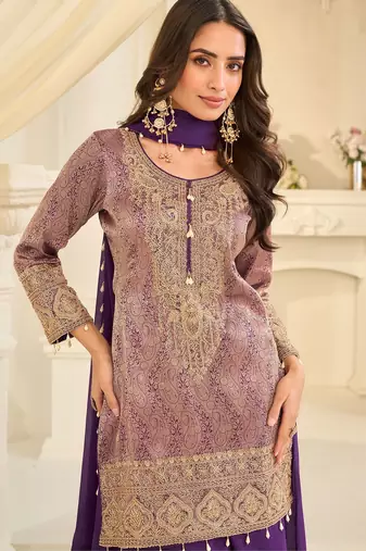 Purple silk blend sequins work salwar suits free size up to 42