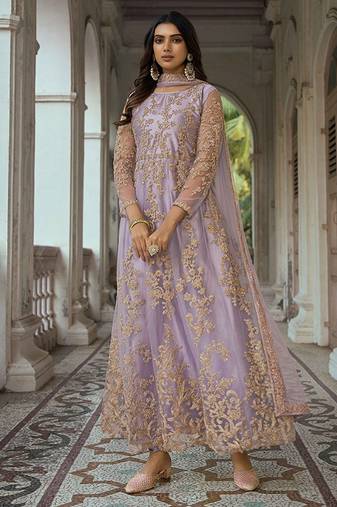 Lilac net sequins work semi stitched salwar suits suits size up to 42