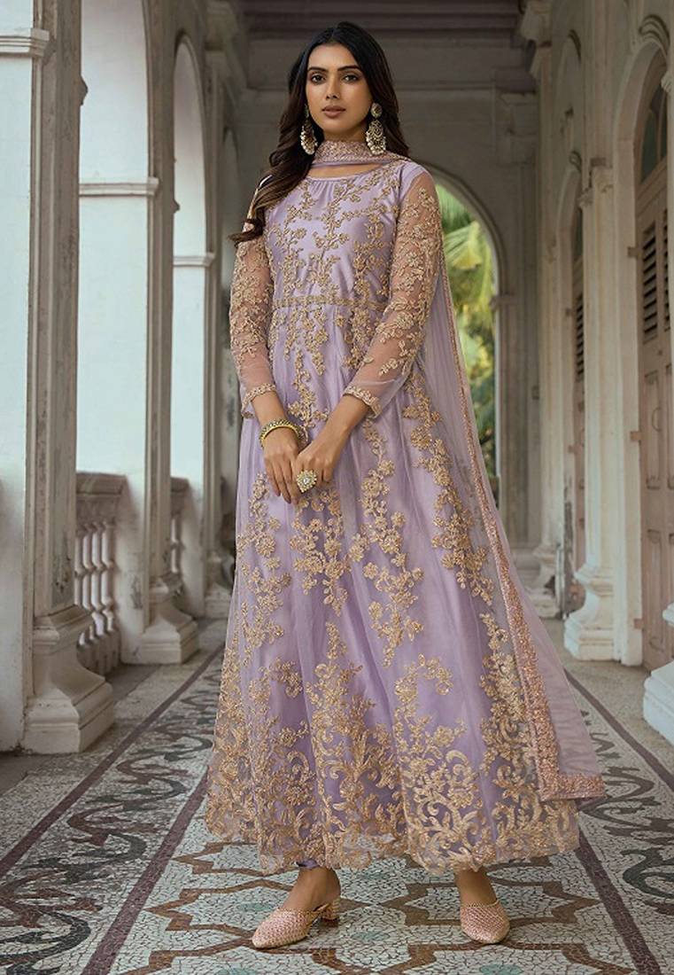 Lilac net sequins work semi stitched salwar suits suits size up to 42