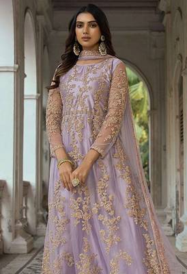 Lilac net sequins work semi stitched salwar suits suits size up to 42 2