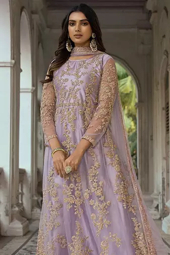 Lilac net sequins work semi stitched salwar suits suits size up to 42