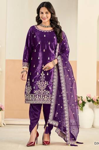 Purple velvet sequins work salwar suits free size up to 42