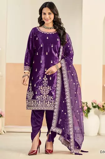 Purple velvet sequins work salwar suits free size up to 42